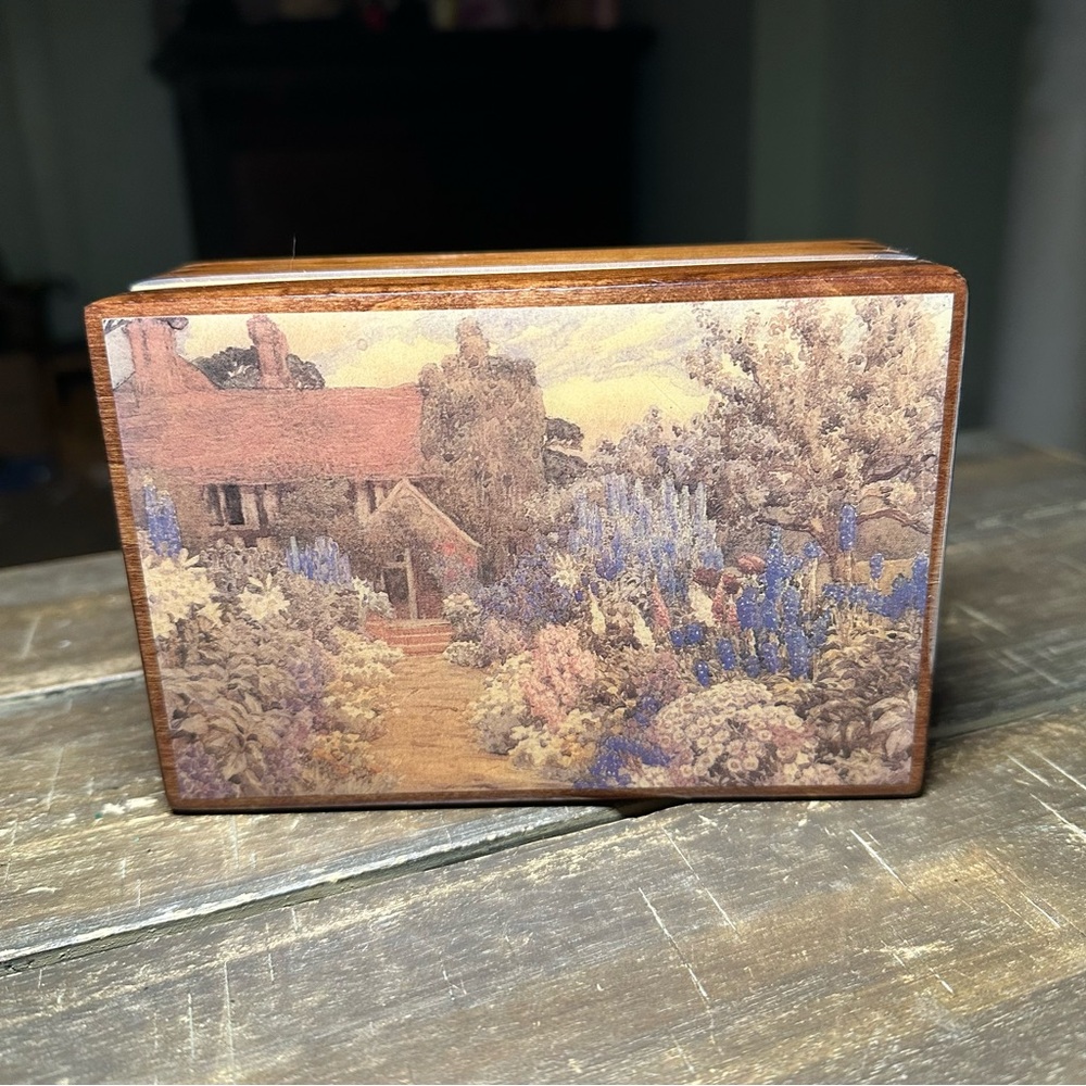 Vintage Wooden Music Jewelry Box Cottage Farm House Scene W/ Flowers Trinket